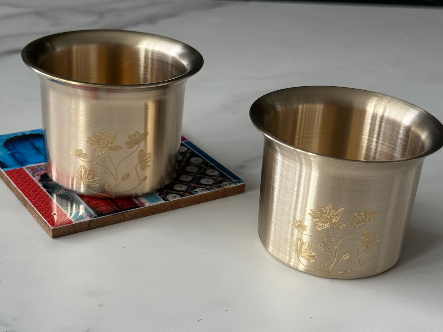 Bronze (Kansa) Floral Beverage Mugs (Set of 2)